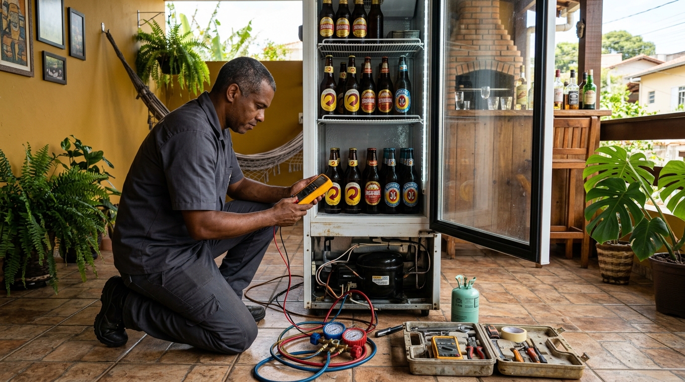 Placa eletrônica de cervejeira em reparo na bancada em Franca‑SP