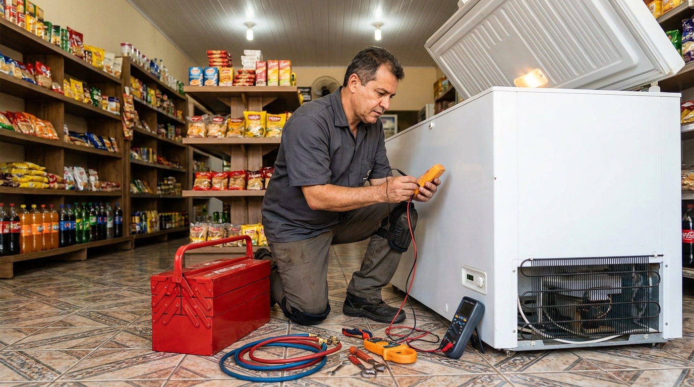 Manômetro conectado ao circuito durante recarga de gás de freezer em Franca‑SP