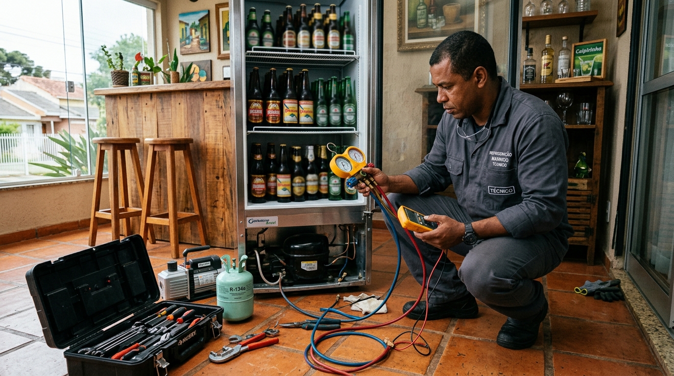 Técnico conferindo a temperatura de uma cervejeira durante atendimento em Franca‑SP