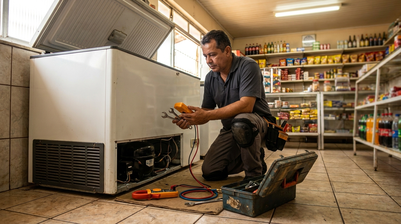 Técnico avaliando um freezer vertical durante atendimento em Franca‑SP