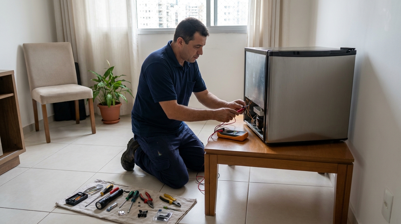 Técnico avaliando um frigobar compacto durante atendimento em Franca‑SP